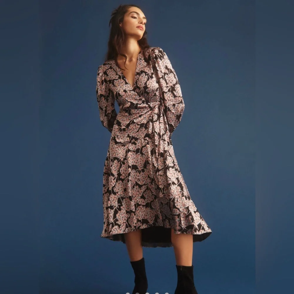 Anthropologie Caballero Floral Wrap Dress in Black Motif NEW - Picture 1 of 10